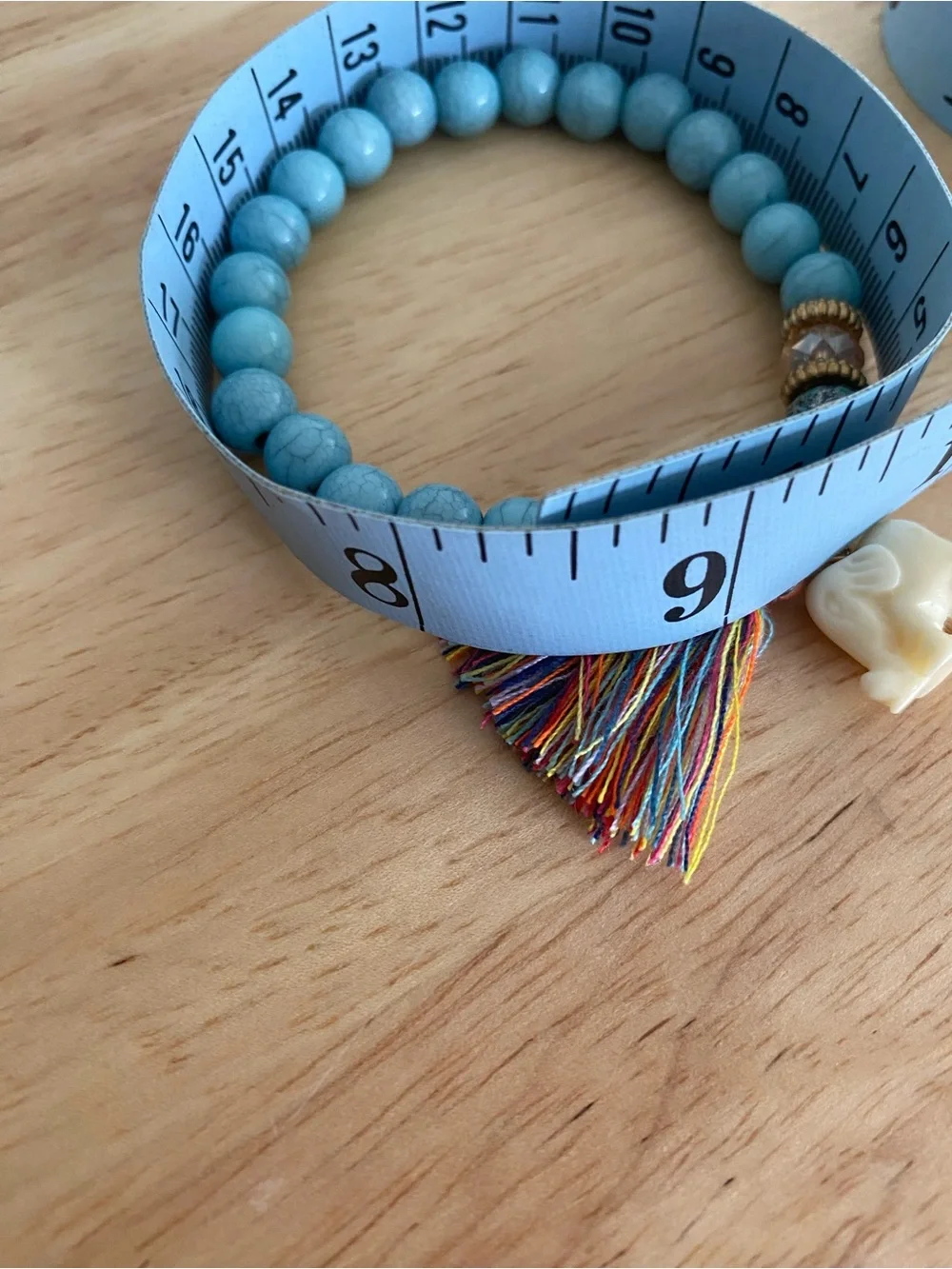 Turquoise Blue Beaded Stretch Bracelet Ivory Elephant Charm Multicolor Tassel